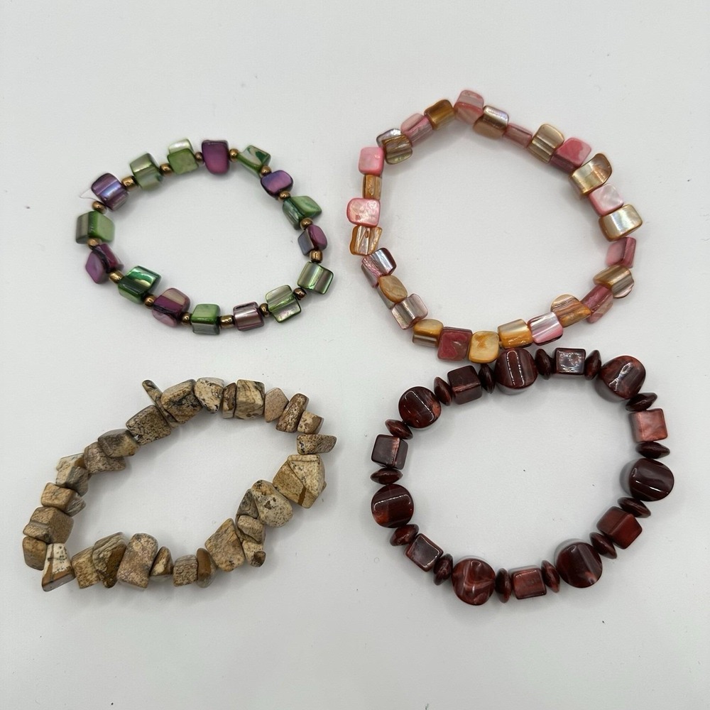 VTG Bracelet Set Of 4 Sea Shell Dyed Beaded Stone Green Pink Purple Natural
